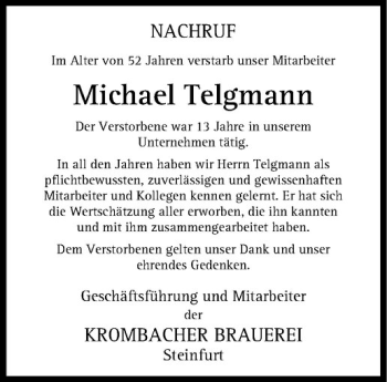 Todesanzeige von Michael Telgmann von Westfälische Nachrichten