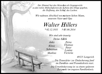 Todesanzeige von Walter Hillers von Westfälische Nachrichten