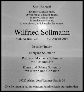 Todesanzeige von Wilfried Sollmann von Westfälische Nachrichten