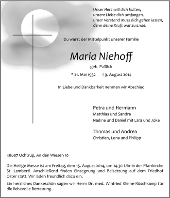 Todesanzeige von Maria Niehoff von Westfälische Nachrichten