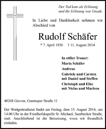 Todesanzeige von Rudolf Schäfer von Westfälische Nachrichten