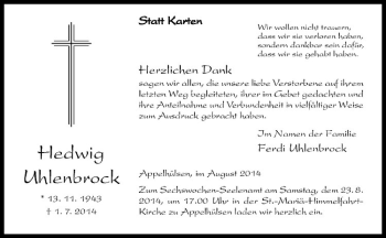 Todesanzeige von Hedwig Uhlenbrock von Westfälische Nachrichten