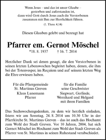 Todesanzeige von Gernot Möschel von Westfälische Nachrichten
