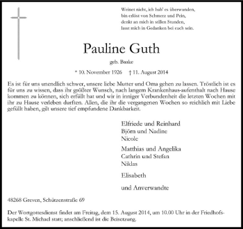 Todesanzeige von Pauline Guth von Westfälische Nachrichten
