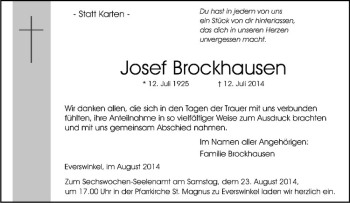 Todesanzeige von Josef Brockhausen von Westfälische Nachrichten