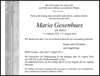 Todesanzeige von Maria Gesenhues von Westfälische Nachrichten