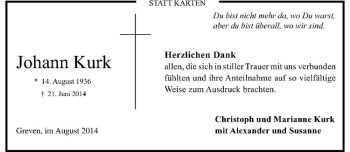 Todesanzeige von Johann Kurk von Westfälische Nachrichten