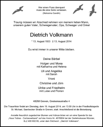 Todesanzeige von Dietrich Volkmann von Westfälische Nachrichten