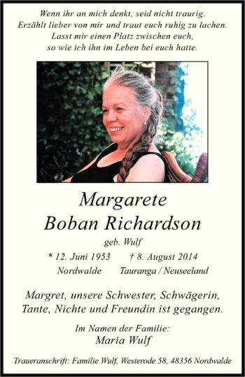 Todesanzeige von Margarete Boban Richardson von Westfälische Nachrichten