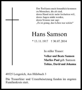 Todesanzeige von Hans Samson von Westfälische Nachrichten