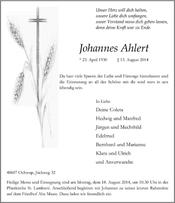 Todesanzeige von Johannes Ahlert von Westfälische Nachrichten