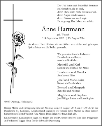 Todesanzeige von Änne Hartmann von Westfälische Nachrichten