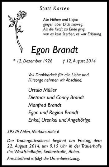 Todesanzeige von Egon Brandt von Westfälische Nachrichten