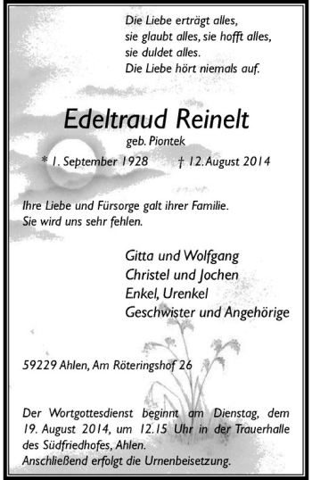 Todesanzeige von Edeltraud Reinelt von Westfälische Nachrichten