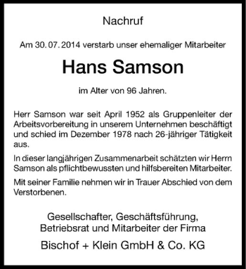 Todesanzeige von Hans Samson von Westfälische Nachrichten