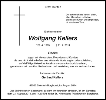 Todesanzeige von Wolfgang Kellers von Westfälische Nachrichten