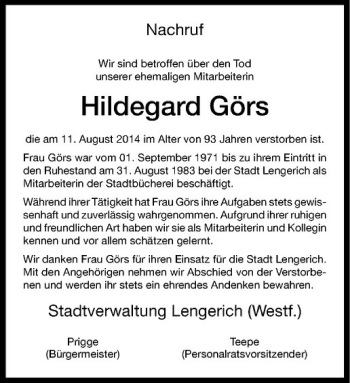 Todesanzeige von Hildegard Görs von Westfälische Nachrichten