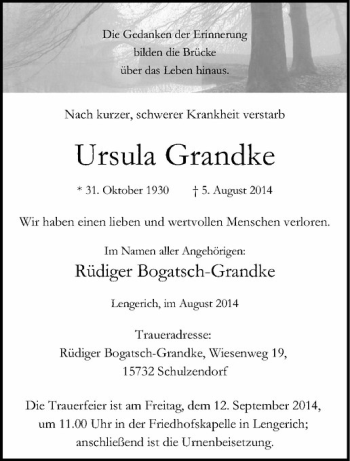 Todesanzeige von Ursula Grandke von Westfälische Nachrichten