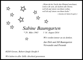 Todesanzeige von Sabine Baumgarten von Westfälische Nachrichten