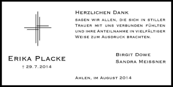 Todesanzeige von Erika Placke von Westfälische Nachrichten