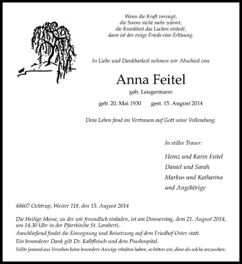 Todesanzeige von Anna Feitel von Westfälische Nachrichten
