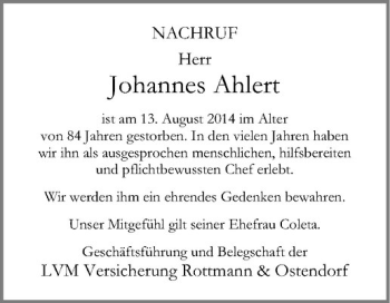 Todesanzeige von Johannes Ahlert von Westfälische Nachrichten