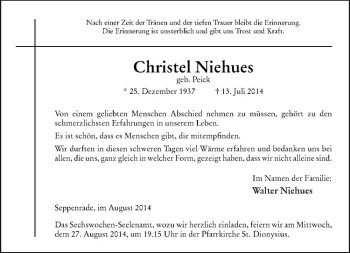 Todesanzeige von Christel Niehues von Westfälische Nachrichten