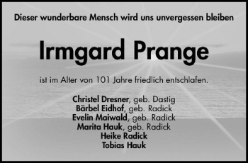 Todesanzeige von Irmgard Prange von Westfälische Nachrichten