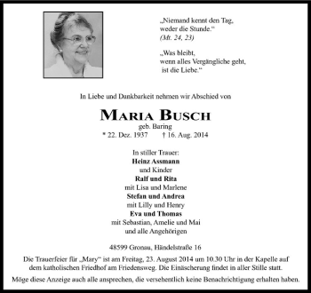 Todesanzeige von Maria Busch von Westfälische Nachrichten