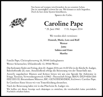 Todesanzeige von Caroline Pape von Westfälische Nachrichten