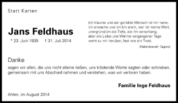 Todesanzeige von Jans Feldhaus von Westfälische Nachrichten