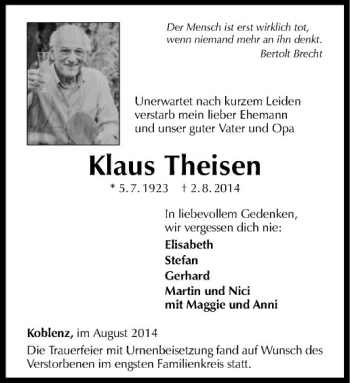 Todesanzeige von Klaus Theisen von Westfälische Nachrichten