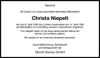 Todesanzeige von Christa Niepelt von Westfälische Nachrichten
