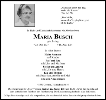 Todesanzeige von Maria Busch von Westfälische Nachrichten