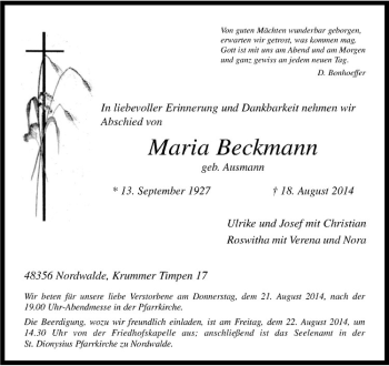 Todesanzeige von Maria Beckmann von Westfälische Nachrichten