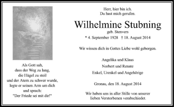 Todesanzeige von Wilhelmine Stubning von Westfälische Nachrichten