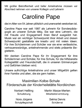 Todesanzeige von Caroline Pape von Westfälische Nachrichten