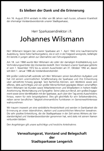 Todesanzeige von Johannes Wilsmann von Westfälische Nachrichten