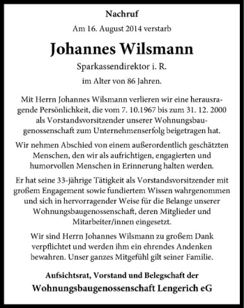 Todesanzeige von Johannes Wilsmann von Westfälische Nachrichten