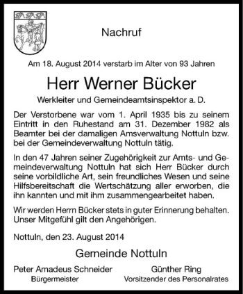 Todesanzeige von Werner Bücker von Westfälische Nachrichten