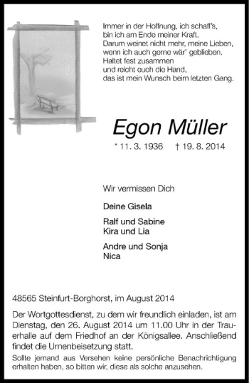 Todesanzeige von Egon Müller von Westfälische Nachrichten