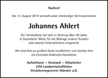 Todesanzeige von Johannes Ahlert von Westfälische Nachrichten
