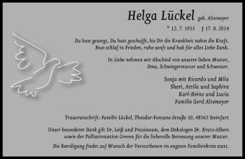 Todesanzeige von Helga Lückel von Westfälische Nachrichten