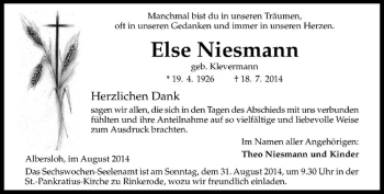 Todesanzeige von Else Niesmann von Westfälische Nachrichten
