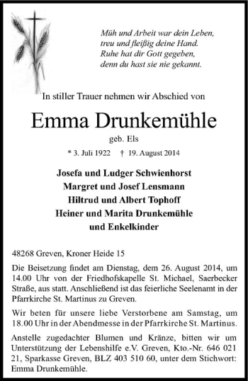 Todesanzeige von Emma Drunkemühle von Westfälische Nachrichten