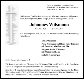 Todesanzeige von Johannes Wilsmann von Westfälische Nachrichten