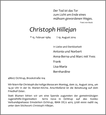 Todesanzeige von Christoph Hillejan von Westfälische Nachrichten