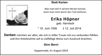 Todesanzeige von Erika Höpner von Westfälische Nachrichten