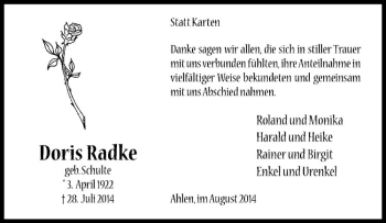 Todesanzeige von Doris Radke von Westfälische Nachrichten