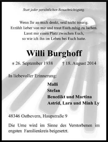 Todesanzeige von Willi Burghoff von Westfälische Nachrichten